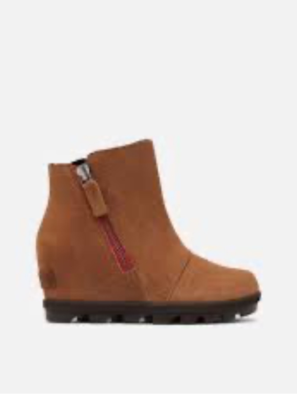 Sorel Brown Suede Wedge Ankle Boot with Red Zip Accent